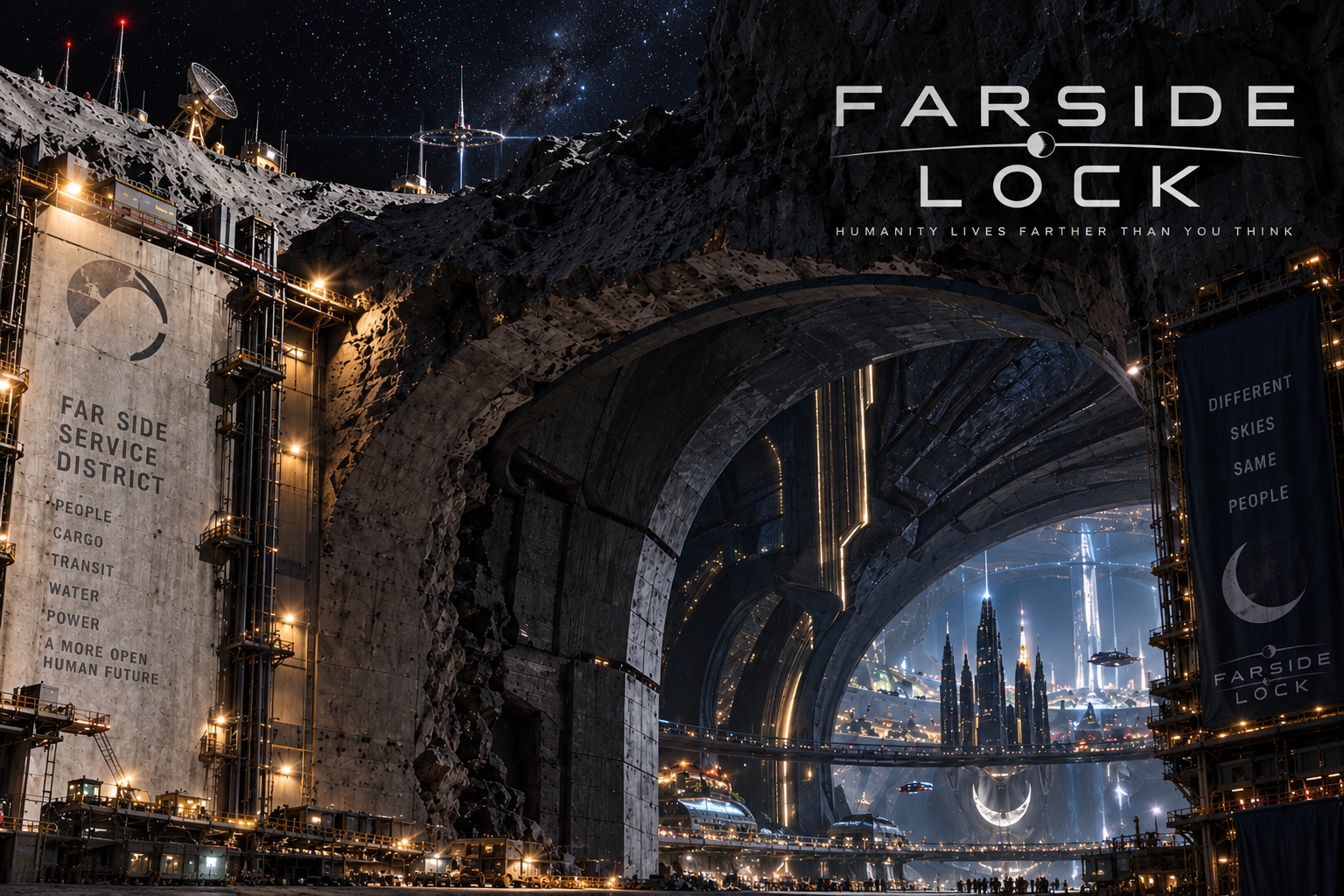 Inhabited lunar Far Side Service District carved into the Moon under a star field; civic towers, transit, and working infrastructure are visible and Earth is not in the sky