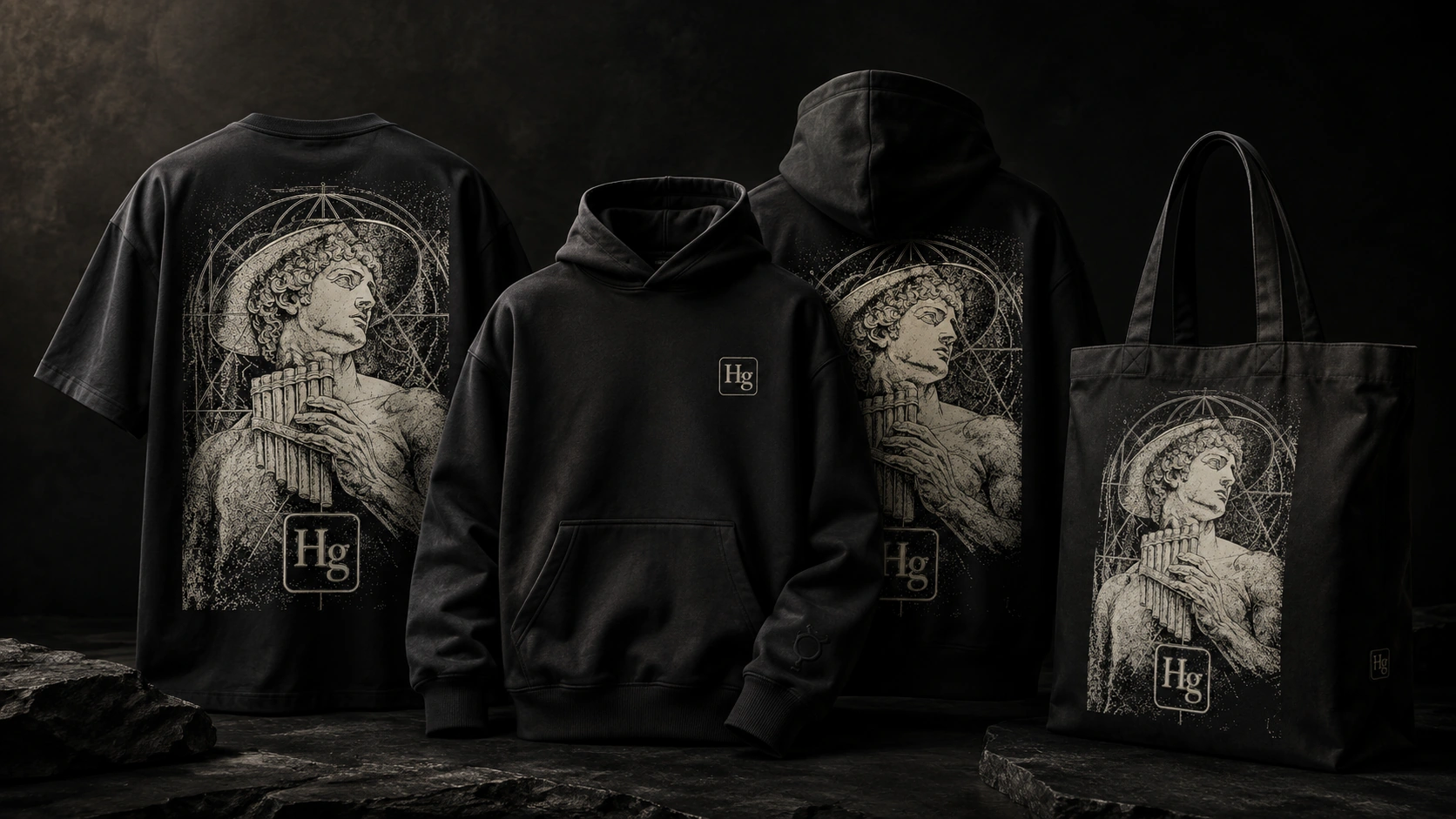 Black Celestial Musician shirt, Mercury Field hoodie and archive tote presented together on a dark stone field