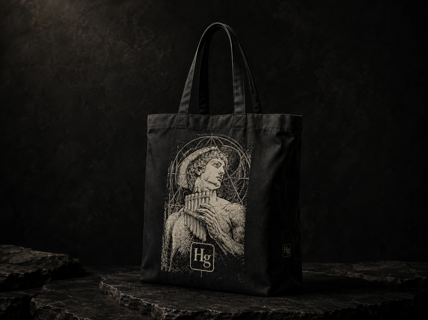 Black Celestial Archive tote carrying the Celestial Musician as a centered archival field
