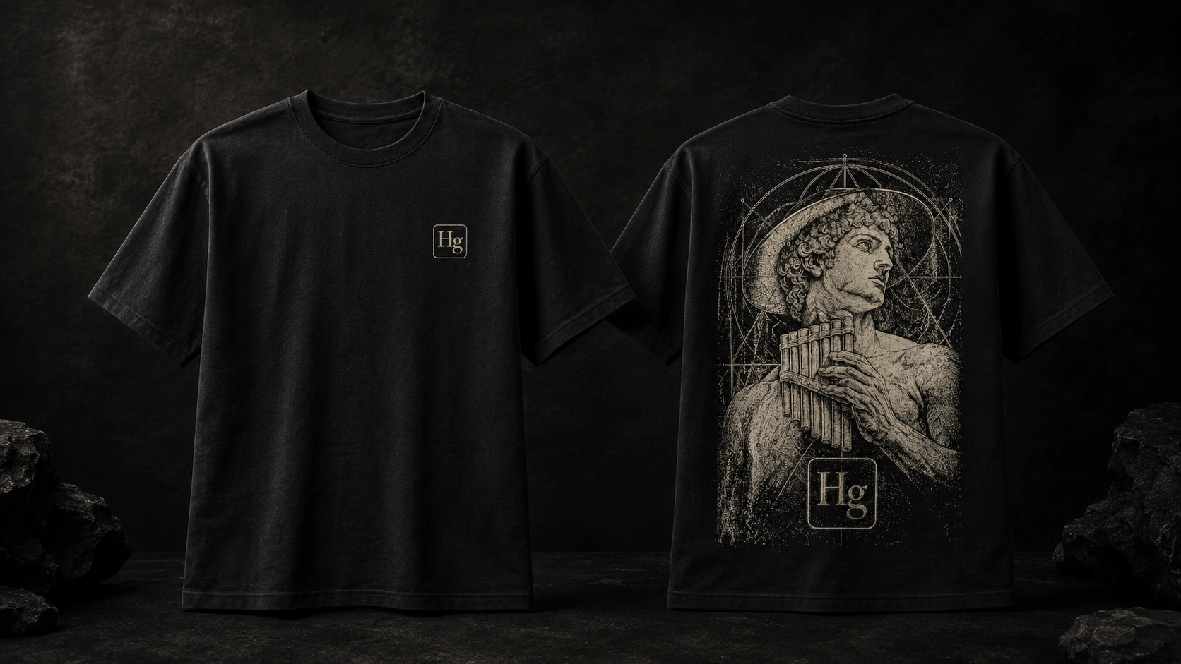 Celestial Musician black shirt shown front and back with a quiet Hg chest tile and full engraved composition across the back