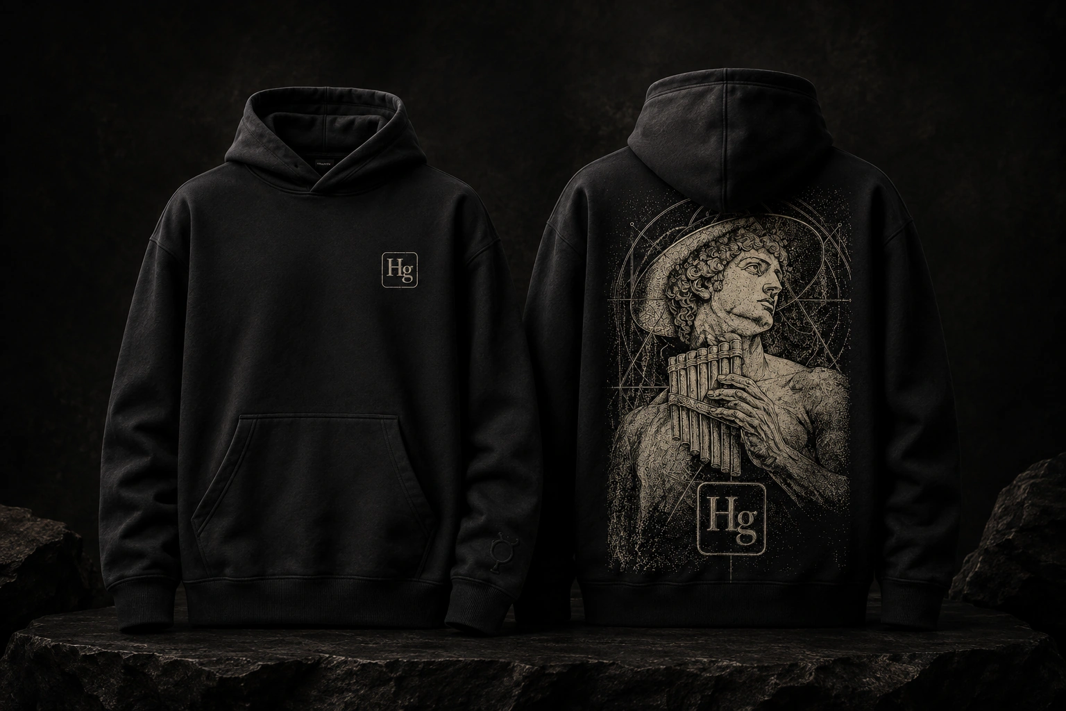 Mercury Field black hoodie shown front and back with small Hg chest seal, full celestial musician back and Mercury cuff glyph
