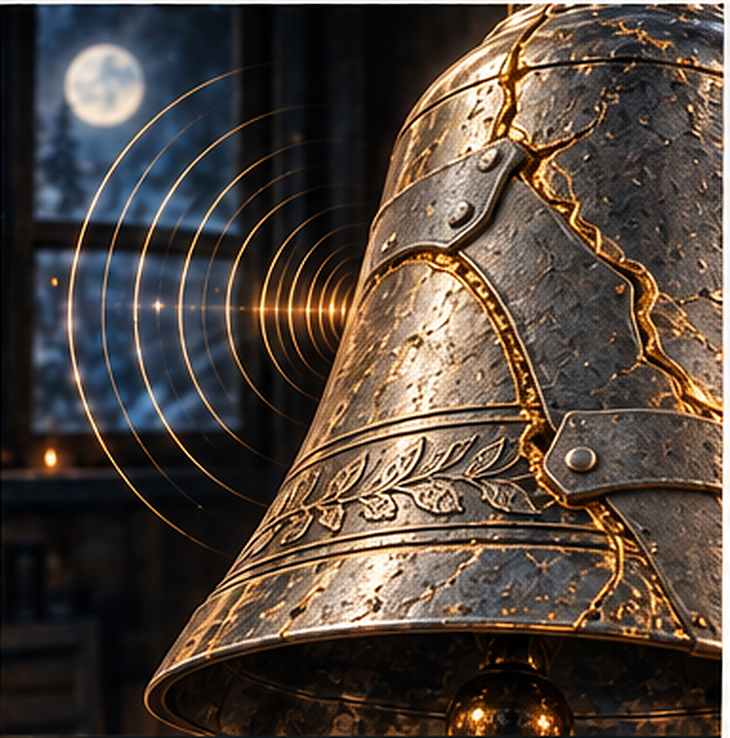The repaired bell under midnight examination, silver darkening toward black in moonlight.