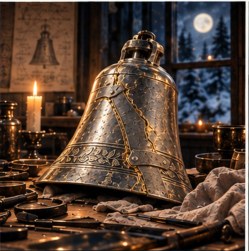 The repaired bell in the House workshop after the gray brace has been fitted.