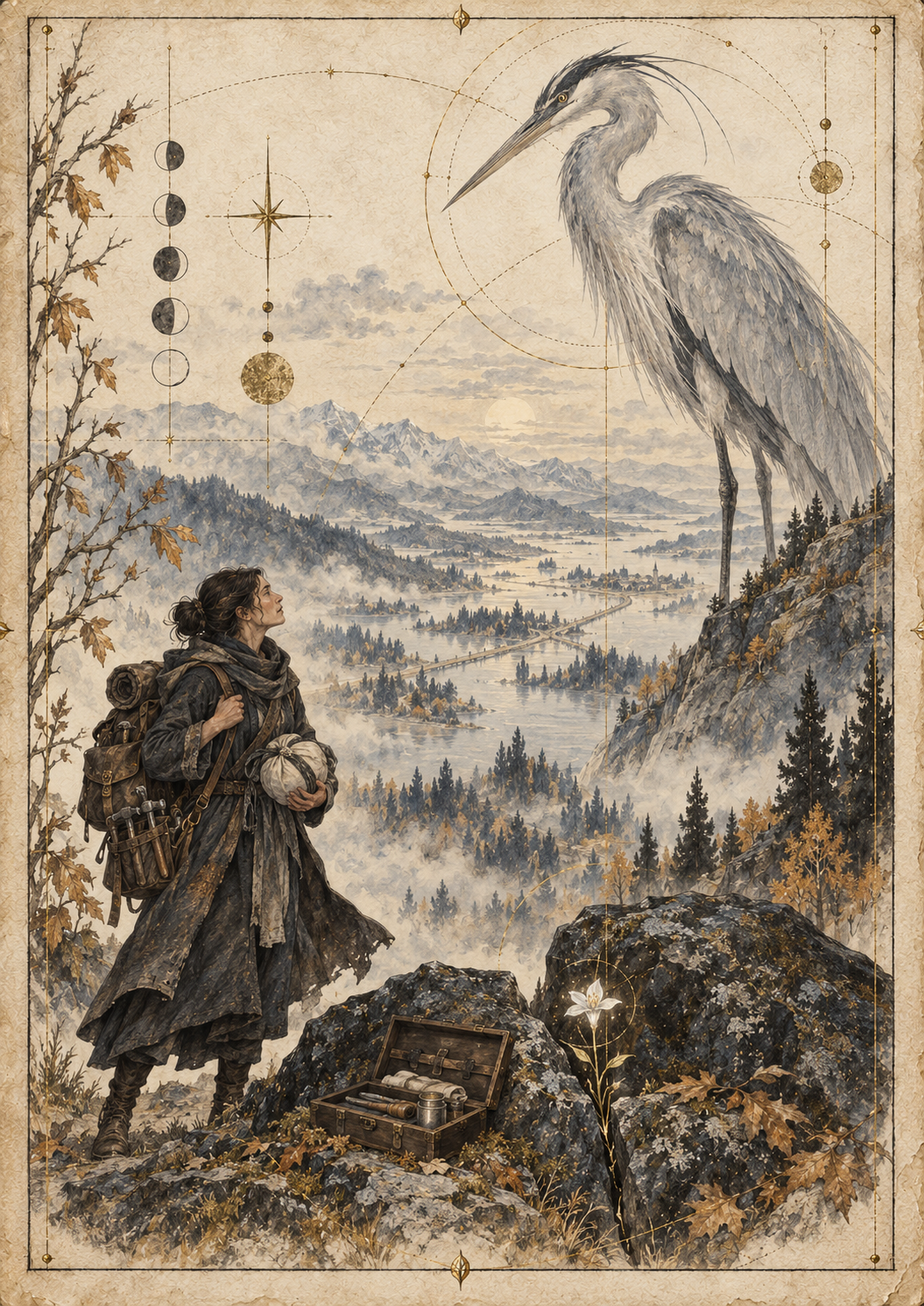 The mender and the great heron above the flooded valley.