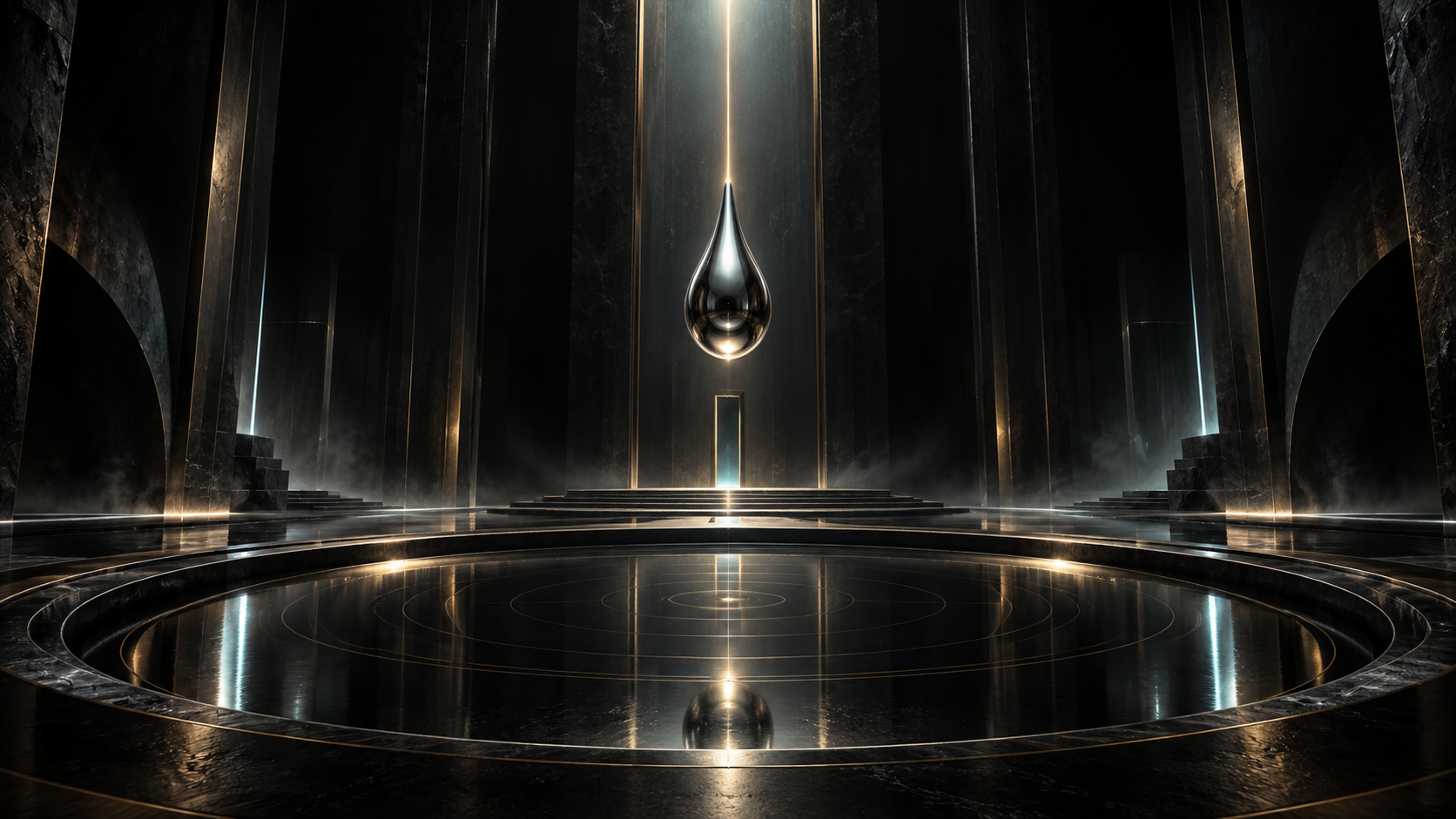 A monumental dark chamber with a suspended mercury droplet above a circular reflective basin, a distant threshold of light, and the opening Hg geometry returning as transformed memory.