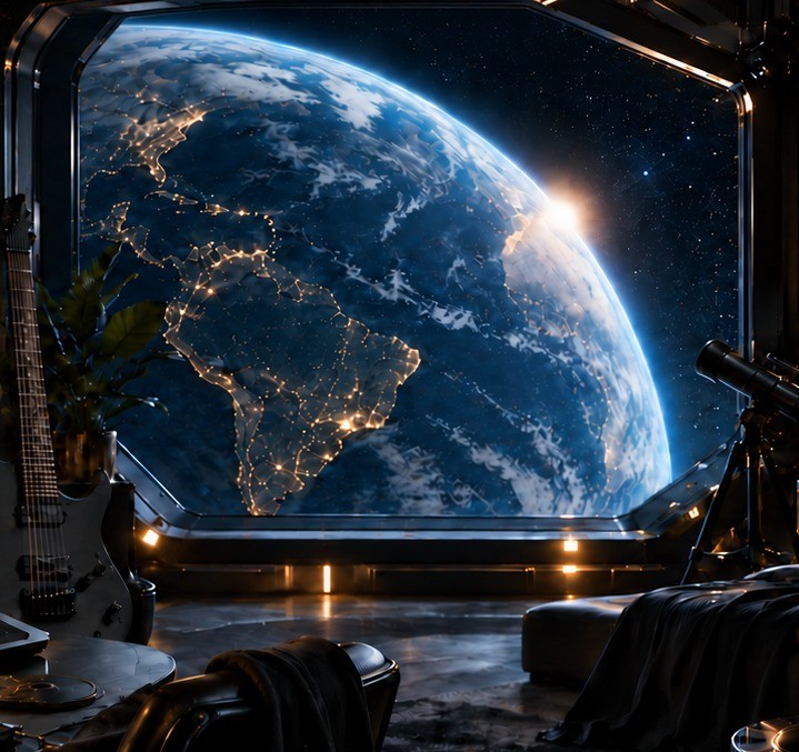 Observation Quarters aboard Black Knight with Earth outside the viewport