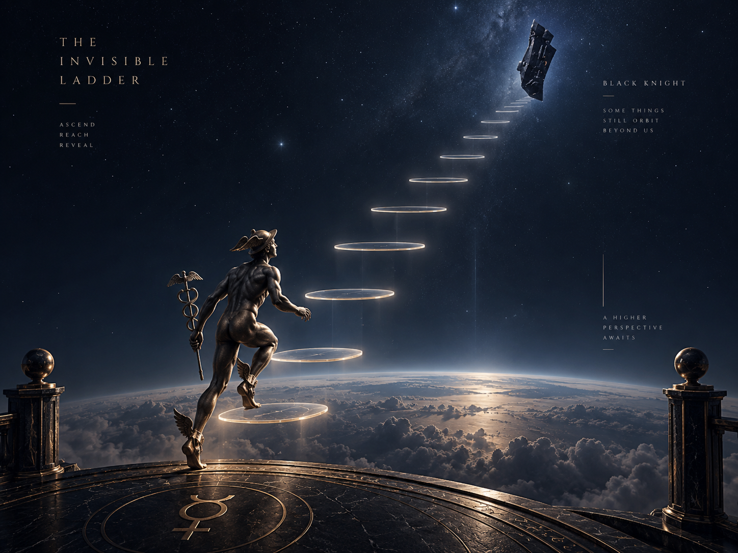 Mercury facing luminous ascending steps toward the remote Black Knight object.