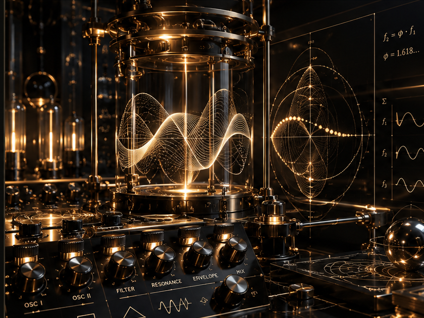 Mercurial research instrument with luminous waveforms, resonance plots, and calibrated acoustic controls.