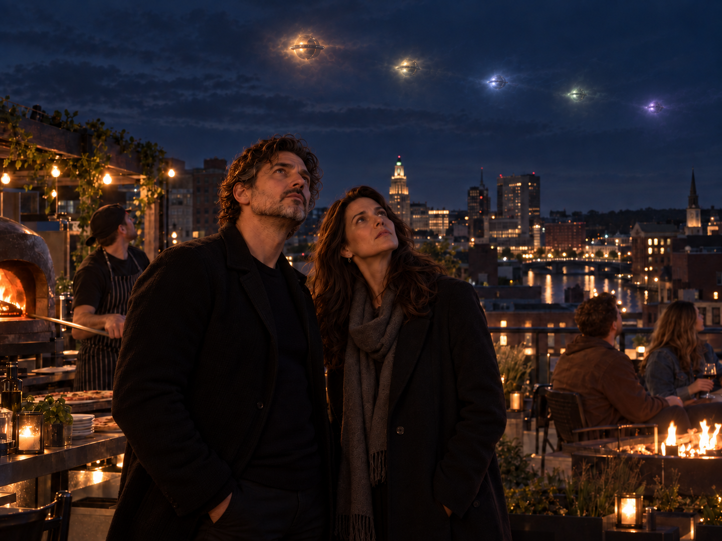 Xavier, Leora and other Providence witnesses watching a luminous formation over the city