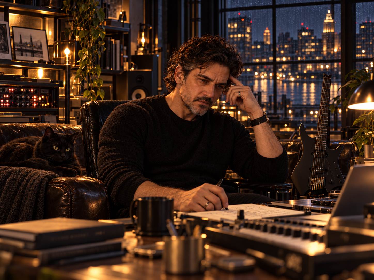 Xavier Mercier working in the Providence loft while B, a black cat, rests naturally on the leather sofa beside him