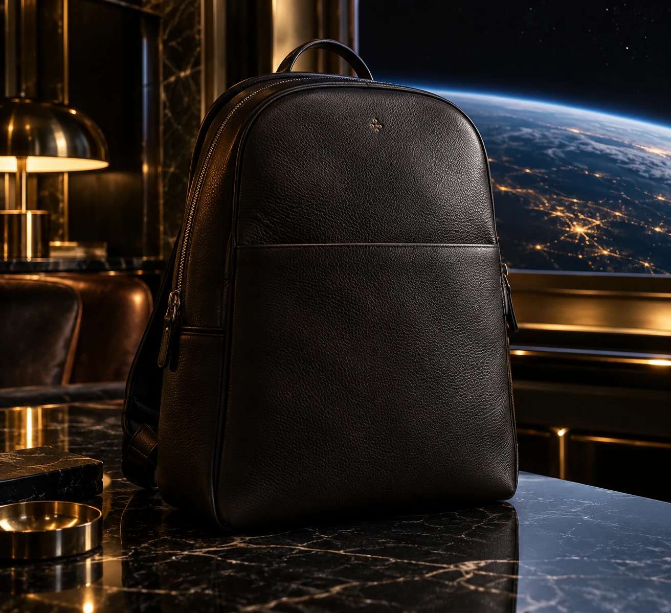 Approved front view of the Bennett Winch Full Leather Backpack in black, with the clean rounded front and no invented exterior zipper pocket.