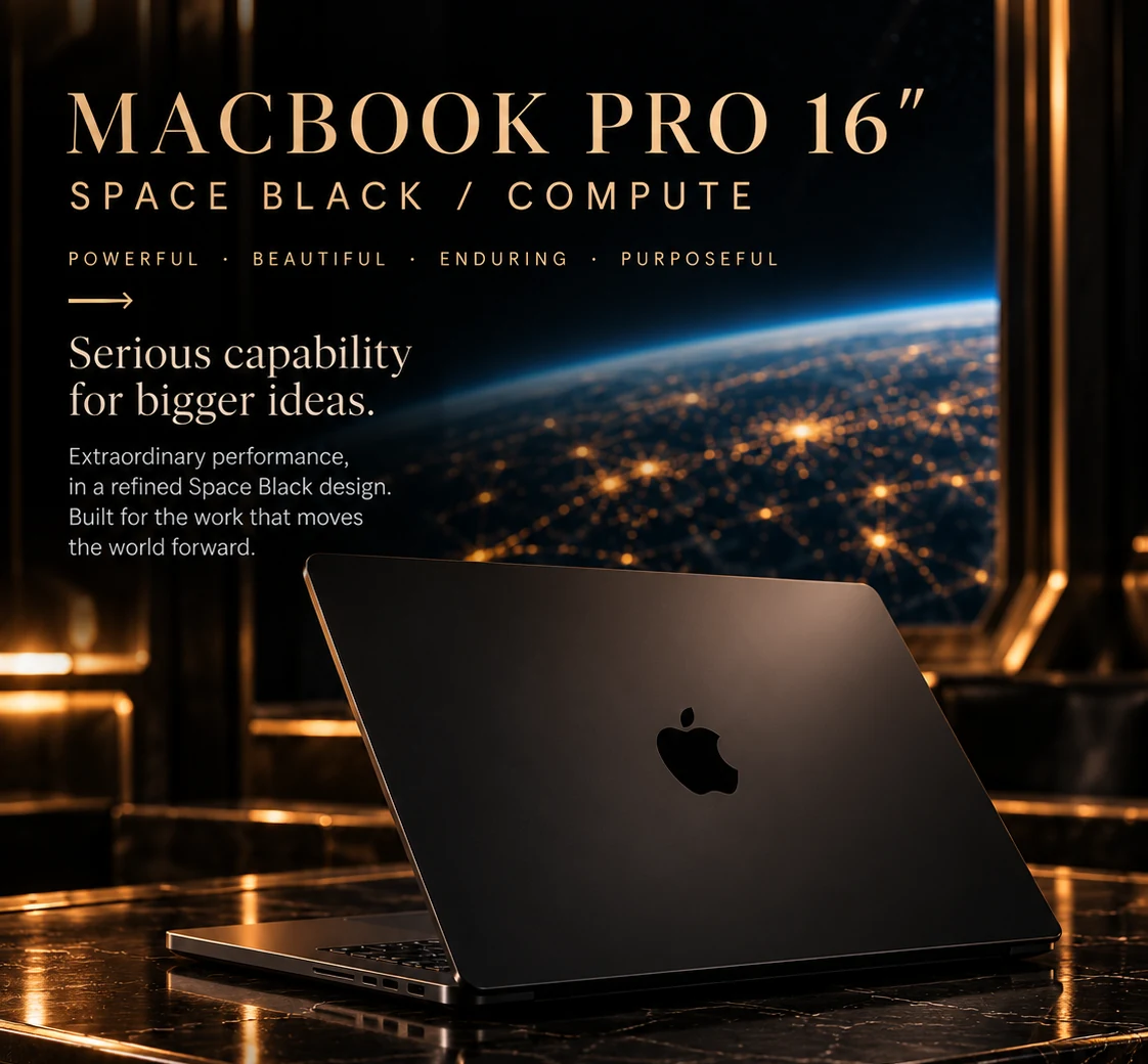Space Black 16-inch MacBook Pro in a dark Mercurial orbital setting.
