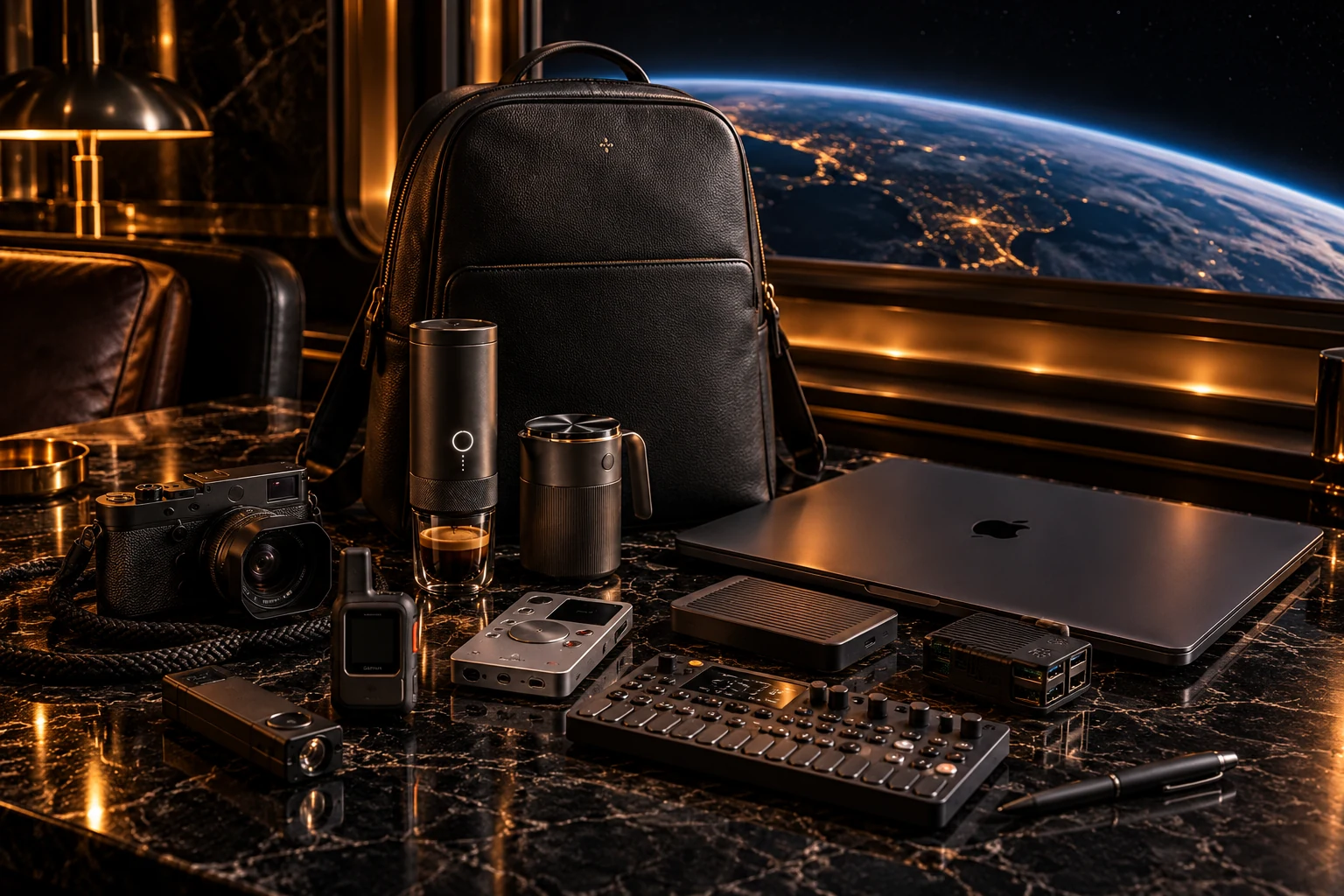 Mercurial Field Kit arranged around the Bennett Winch backpack with camera, satellite communicator, recording and composition tools, storage, Raspberry Pi, laptop, power, espresso kit, flashlight, and writing instrument.