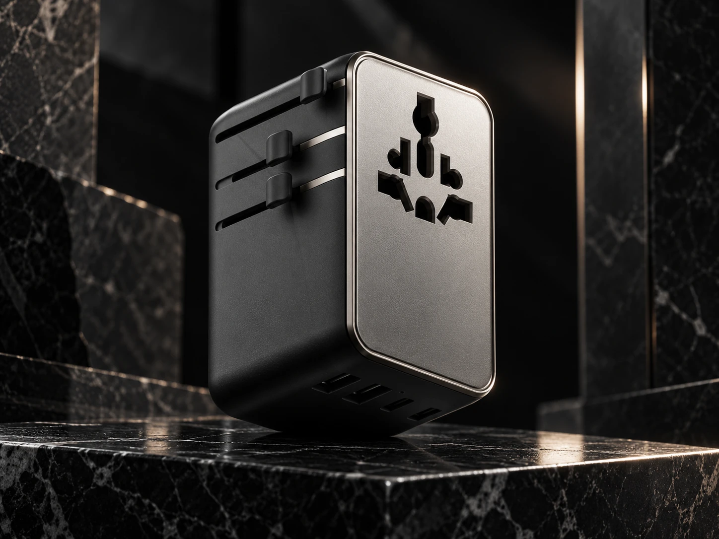 MOMAX 1-World² 70W universal travel GaN charger in black, staged as a compact Mercurial power block.
