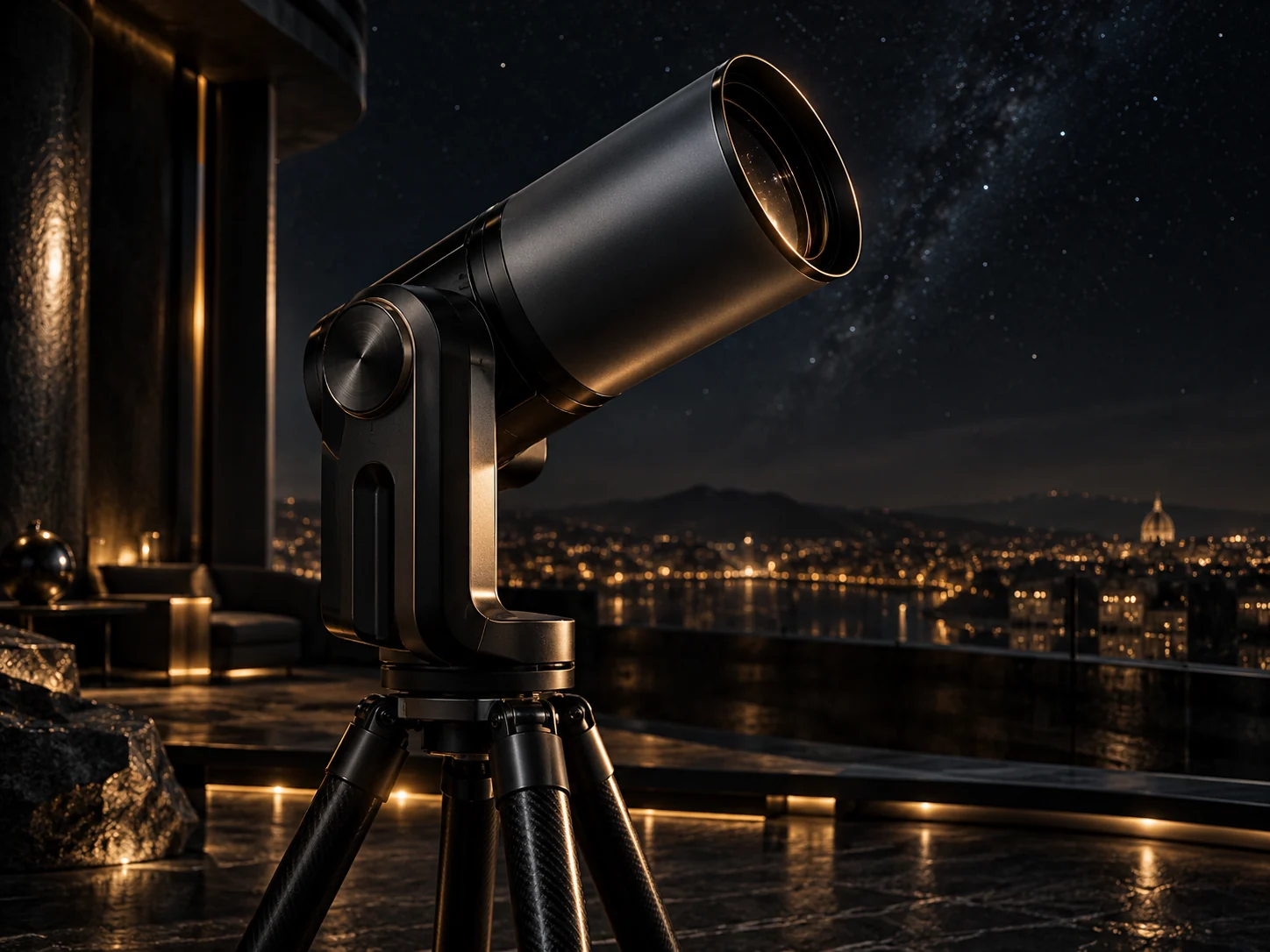 Unistellar Odyssey Pro in a cinematic rooftop stargazing scene.