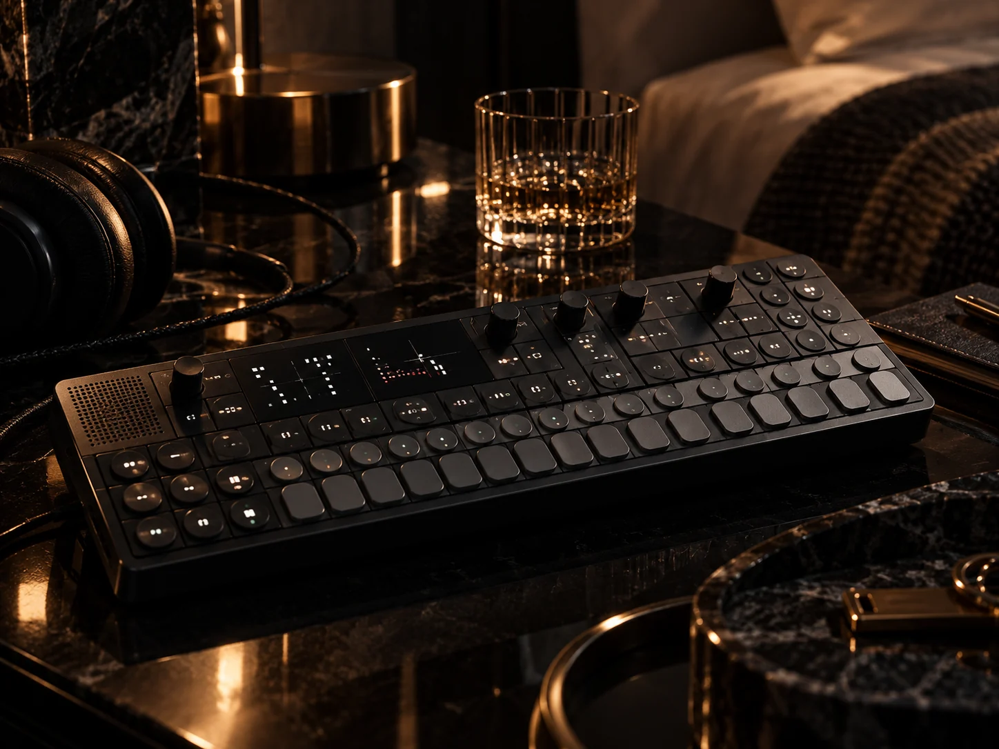 Teenage Engineering OP–XY in a late-night studio vignette.