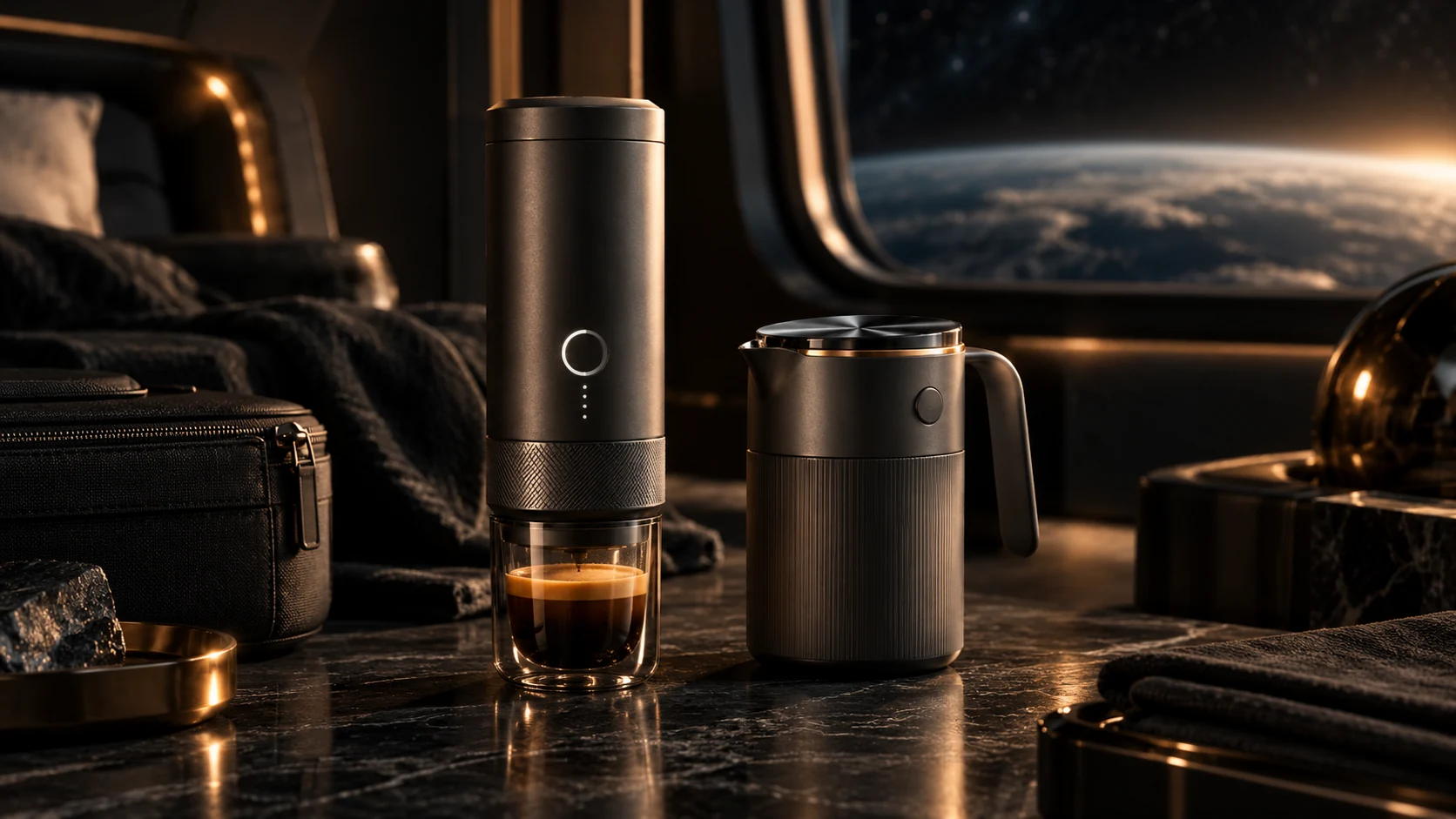 OutIn Nano and LattoGo in space grey beside an Earth horizon.