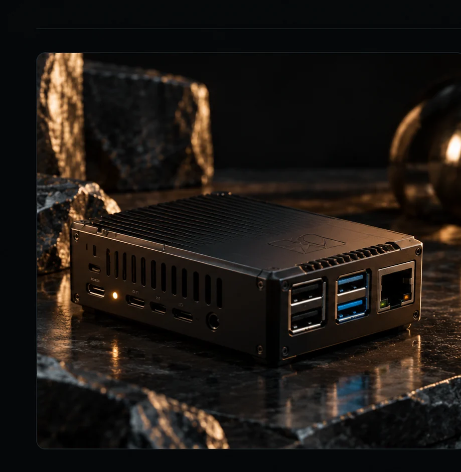 Raspberry Pi 5 in a precision-machined black case.