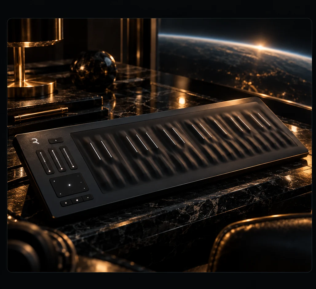 ROLI Seaboard 2 against a luminous Earth horizon in a dark Mercurial setting.
