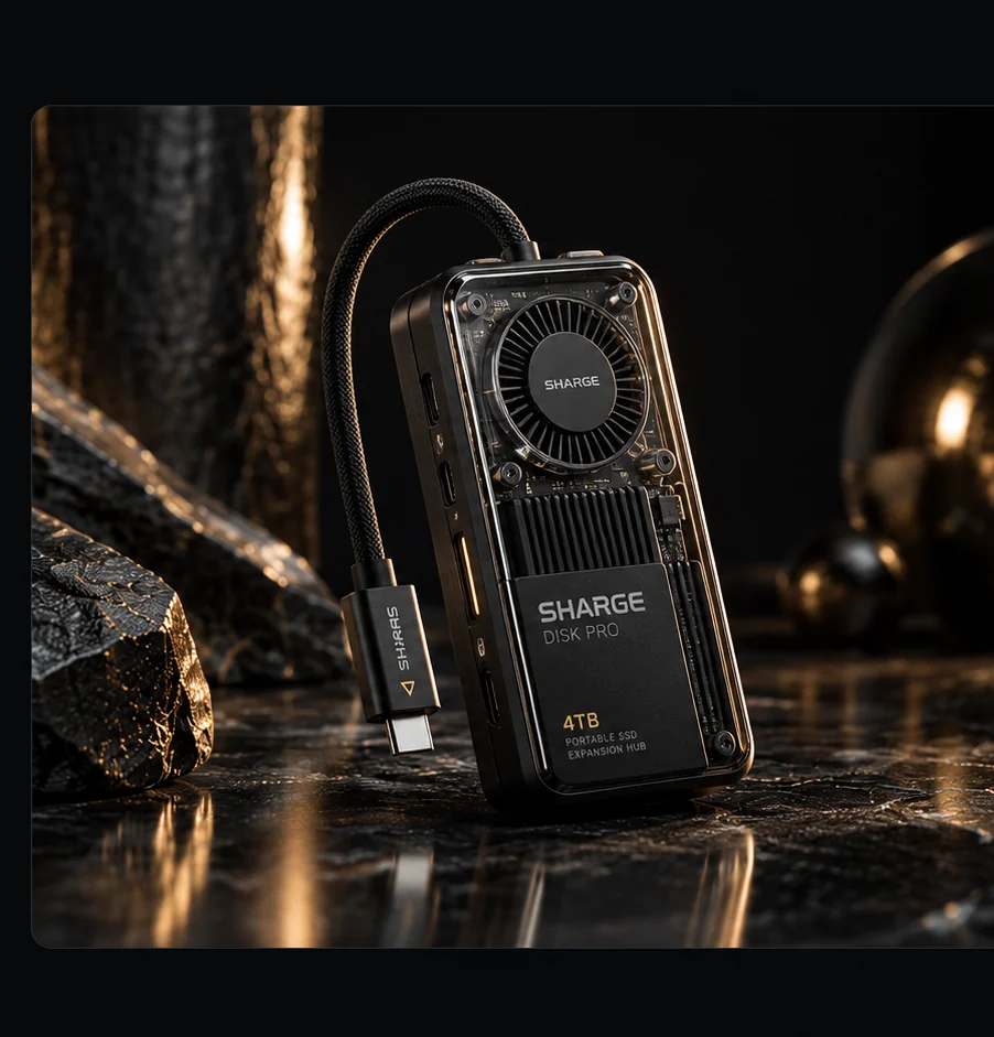 SHARGE Disk Pro portable SSD in a dark editorial product portrait.
