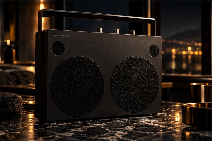 Teenage Engineering OB–4 in matte black, staged in a dark Mercurial interior.