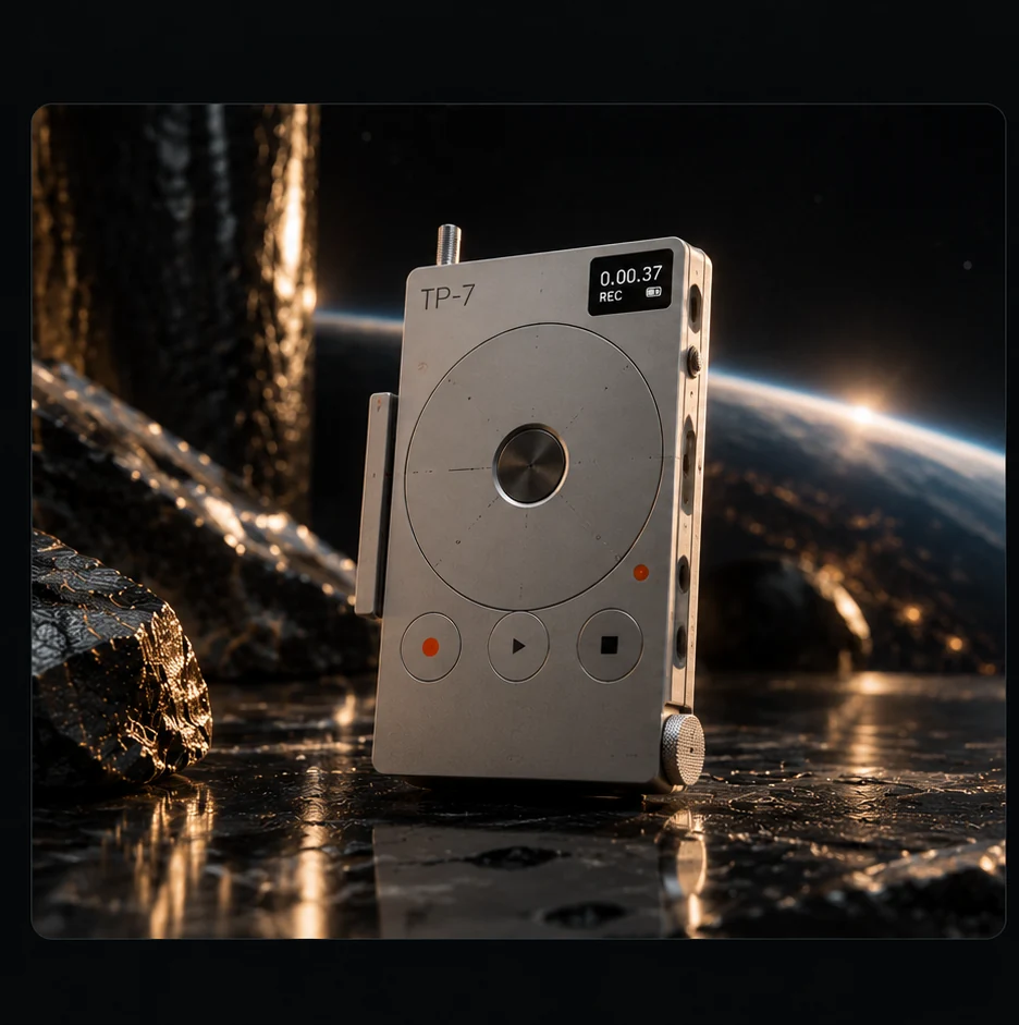 Teenage Engineering TP–7 field recorder against a luminous Earth horizon.
