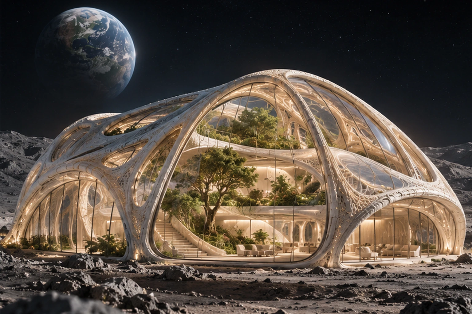 LUNA EDEN ABODE biodigital habitat design study on the Moon with Earth above