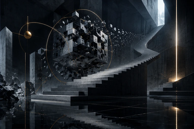 An impossible staircase and fragmented formal object suspended in a severe mathematical chamber.