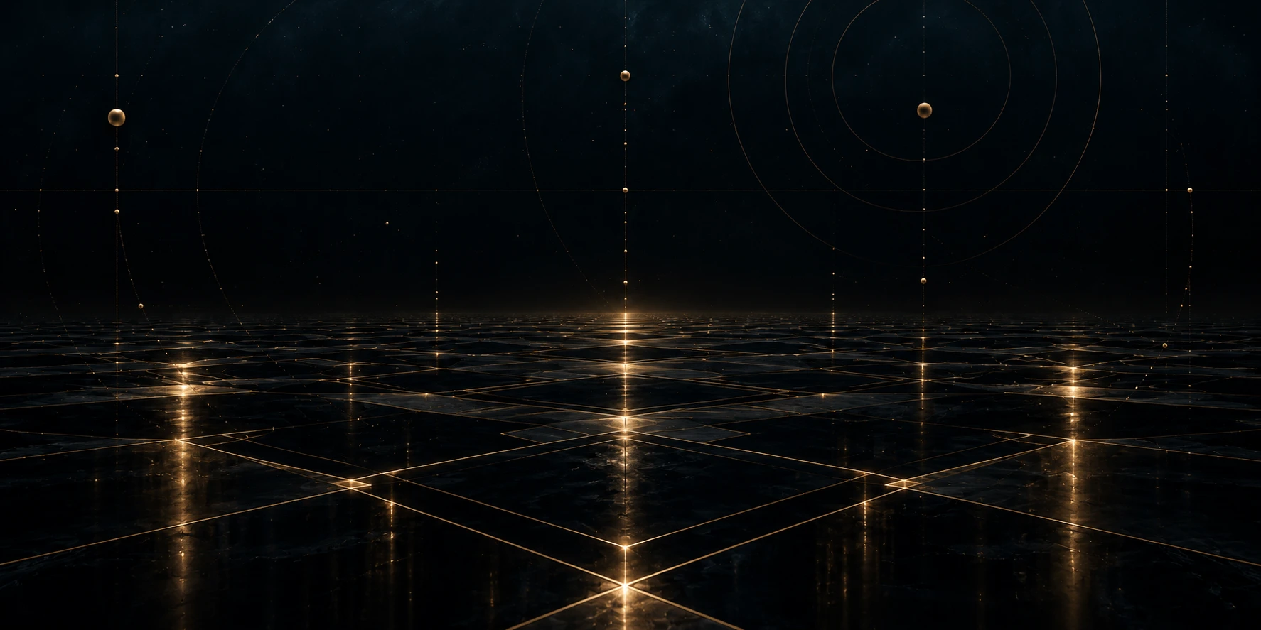 An apparently endless dark floor traced with luminous aperiodic geometry beneath a star-filled void.
