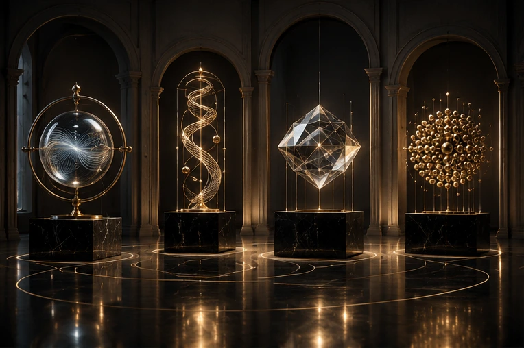 Four distinct sculptural thought instruments displayed in a dark gallery.
