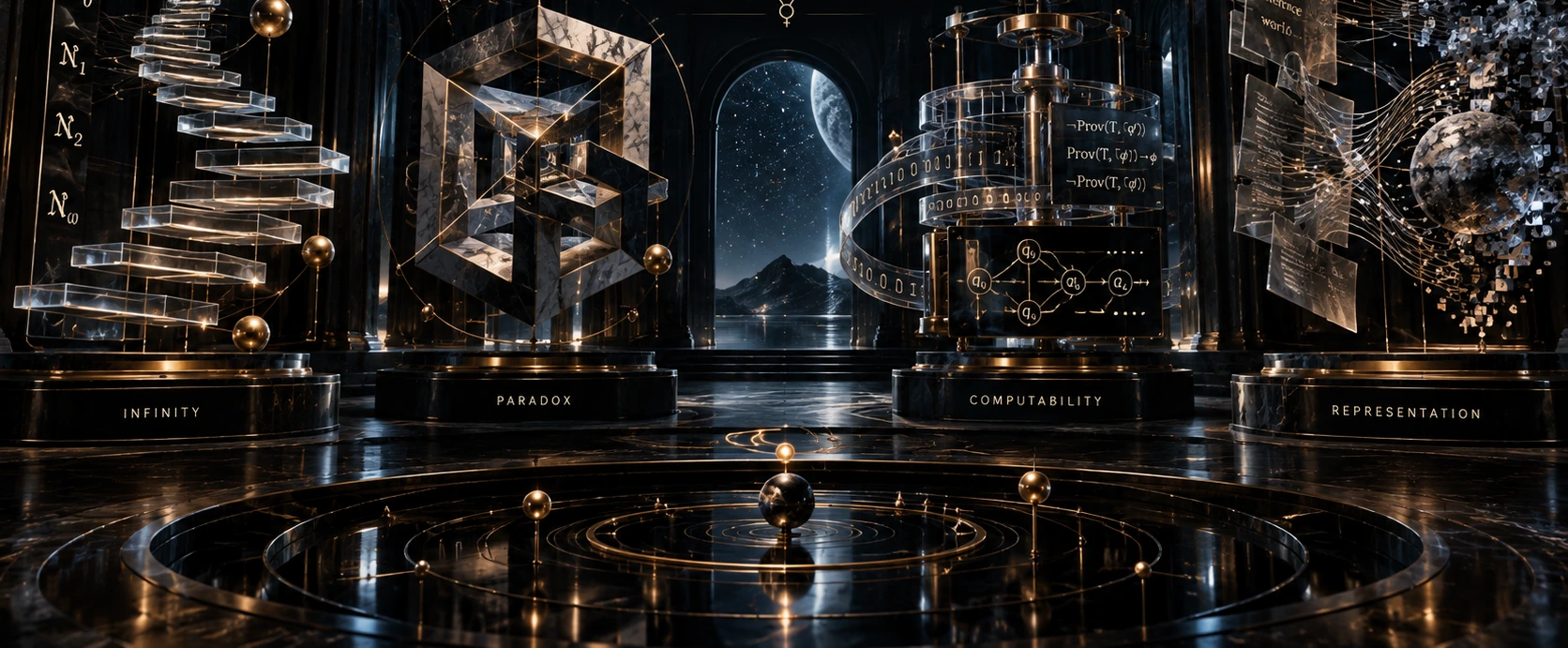 A ceremonial chamber of thought instruments: infinity stair, paradox cube, computability rings, and representation field.