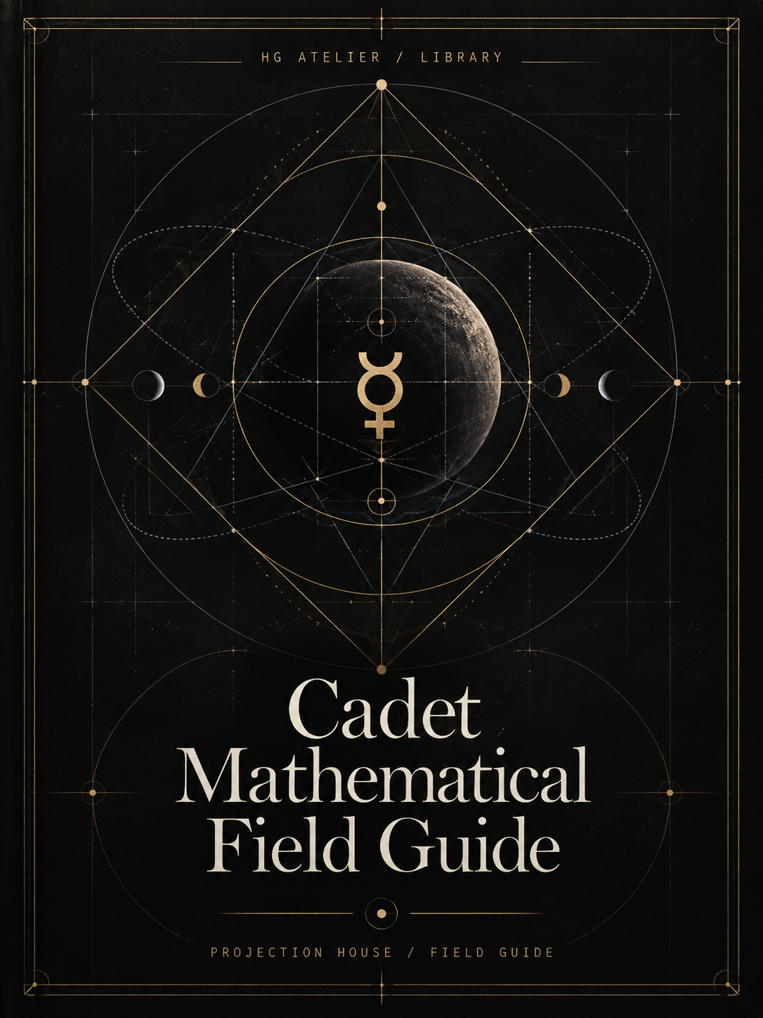 Cadet Mathematical Field Guide cover: the Mercury glyph over a dark celestial sphere, with gold and silver geometric construction lines