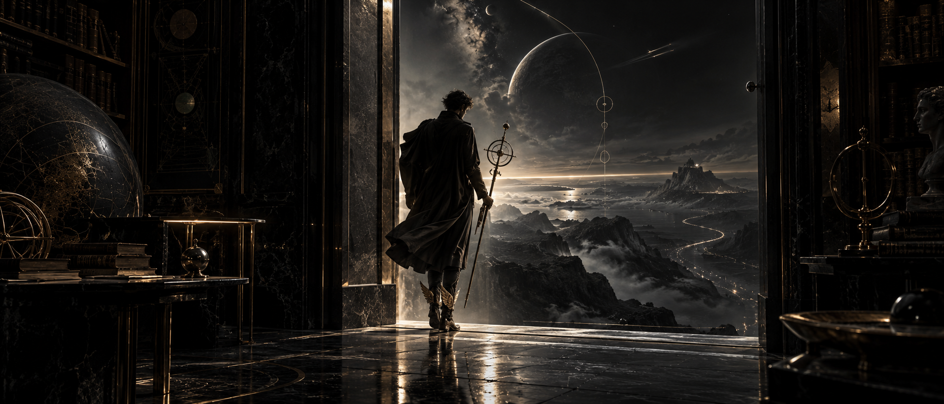A Hermes-like figure seen from behind, crossing a dark threshold from the library into a mercurial landscape beyond.