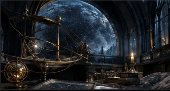 Celestial instruments and atlases in a dark reading room