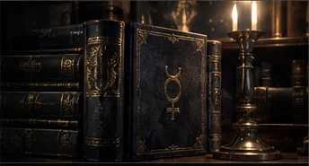 Dark leather codices beside a brass reading lamp