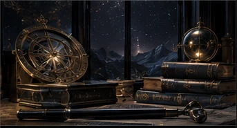 Field guides and instruments on a dark library desk
