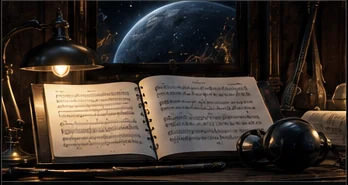 Musical scores in a dark scholarly room