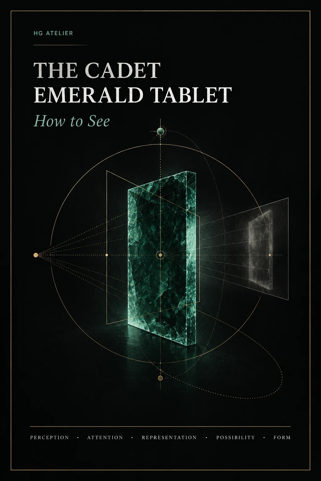 Cover of The Cadet Emerald Tablet — How to See, showing an emerald tablet intersected by projection planes and orbital geometry