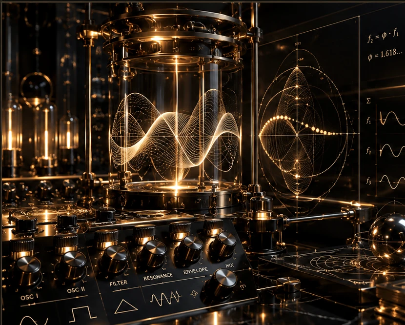 A black-and-gold synthesis observatory with luminous waveforms, instrument controls and orbital harmonic diagrams.